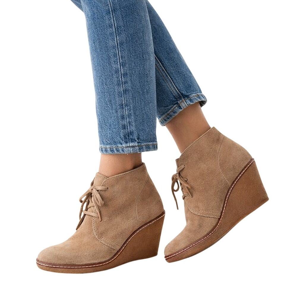 J.Crew MacAlister 3" Wedge Booties Tan Suede Italian Leather Ankle Boots Sz 5